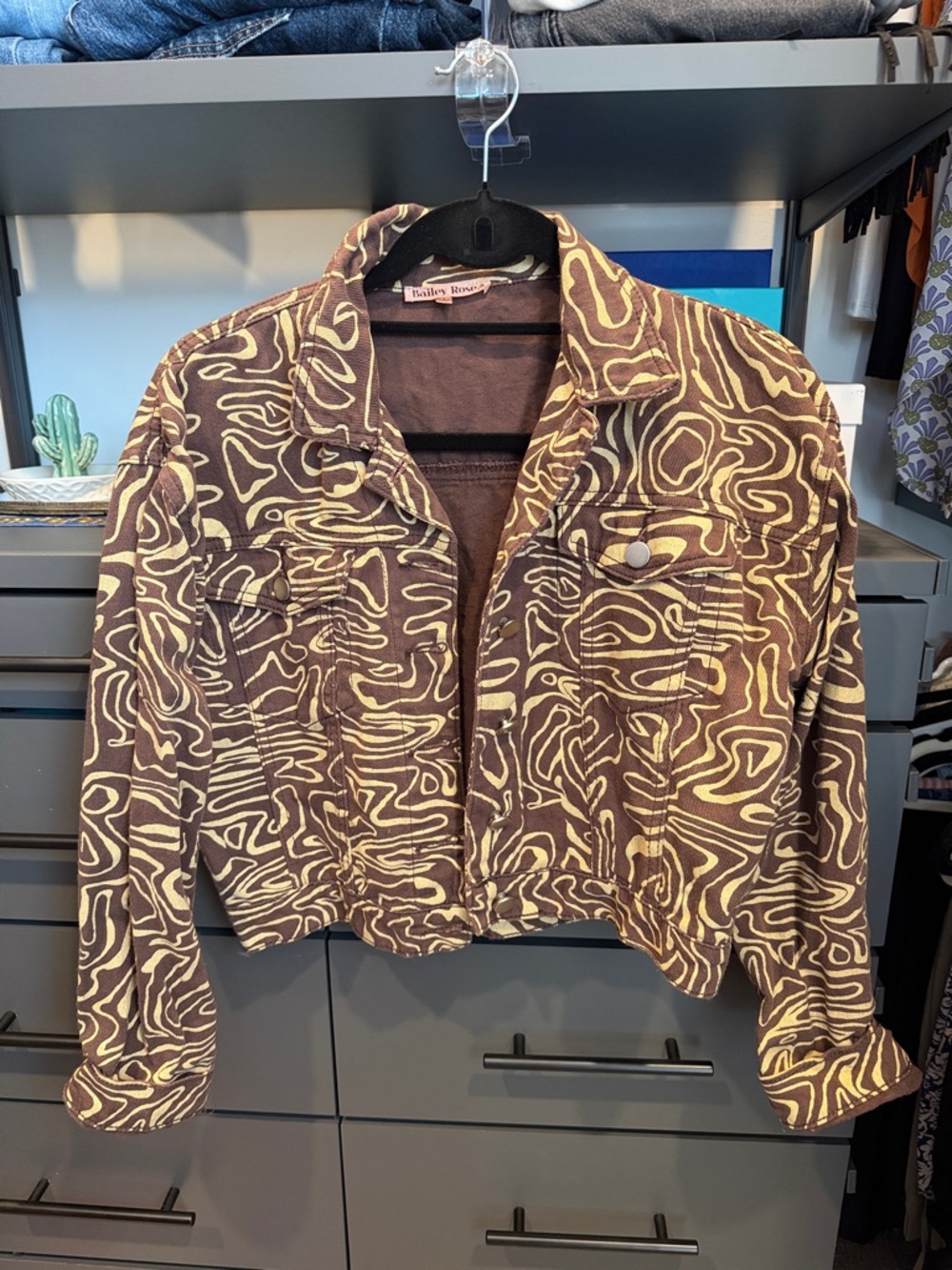 Bailey Rose Abstract Print Cropped Jean Jacket